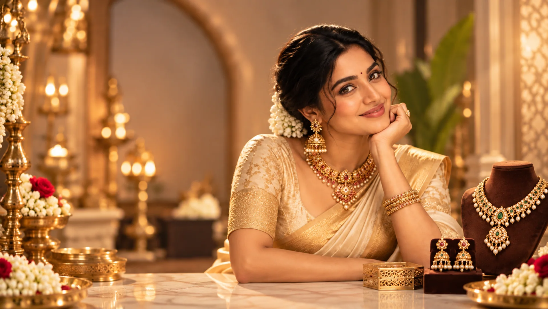 South Indian bride wearing MSG temple jewellery